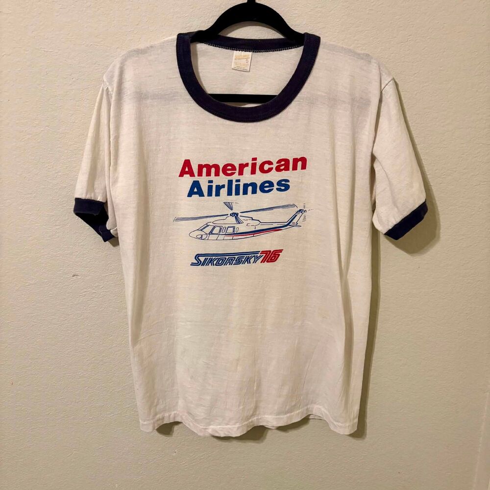Vintage American Airlines Sikorsky 1976 Helicopter Ring Neck T-shirt XL